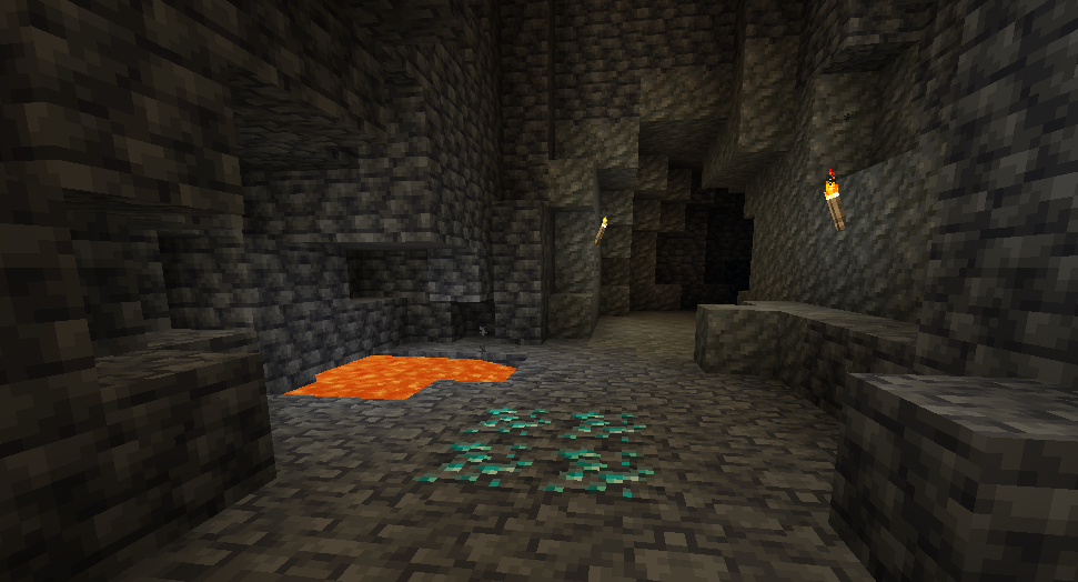 Diamonds on a cave near a small lava lake | Best way to find diamonds in Minecraft