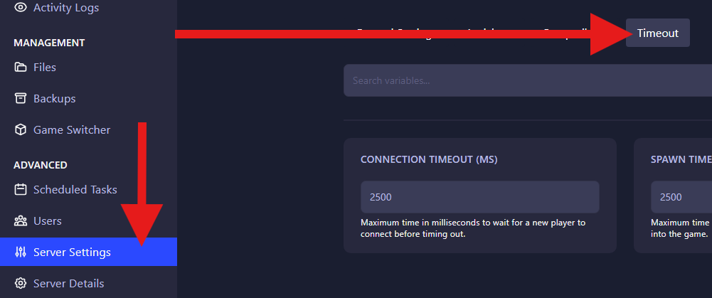 Navigating to server timeout settings in GGServers control panel for Impostor (Among Us)