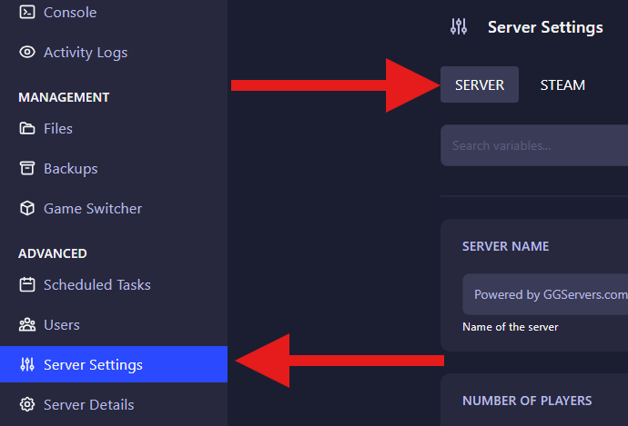 Navigating to Server tab in Abiotic Factor server settings