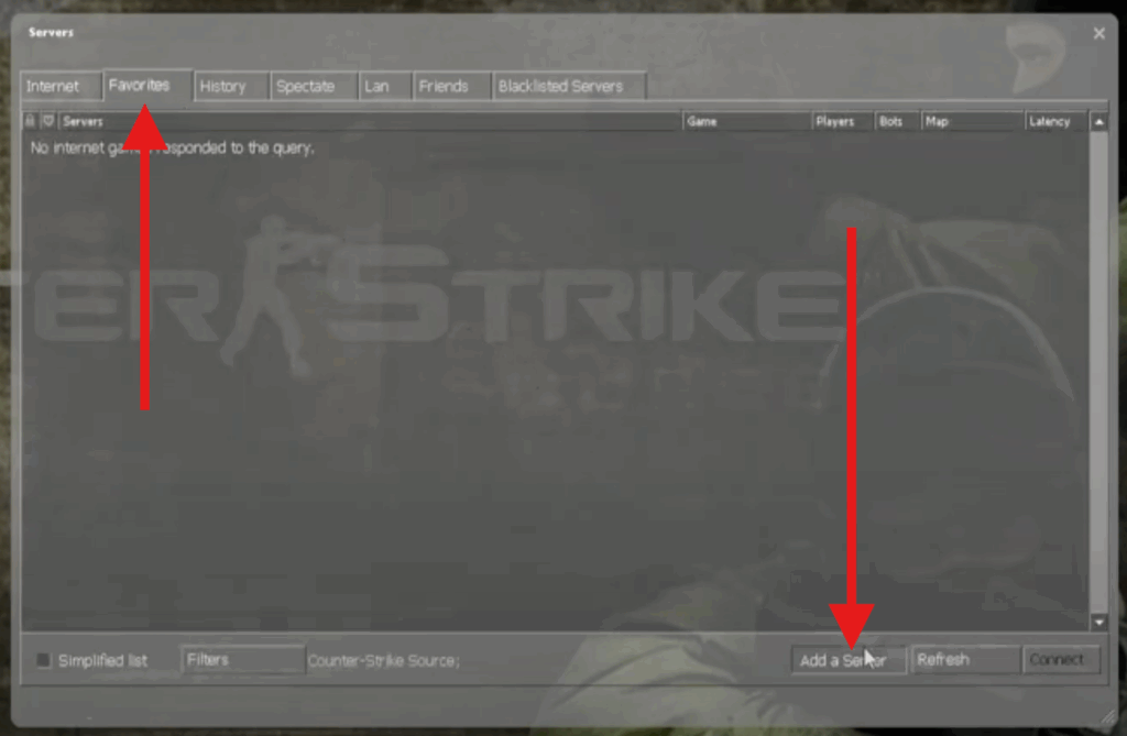 Adding server to favorites in Counter Strike Source